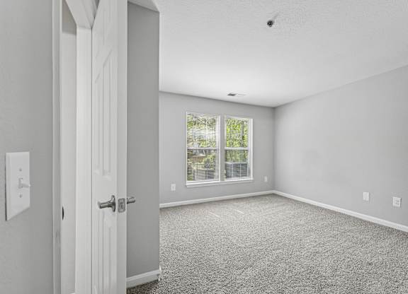 A room with a carpeted floor and a window showing trees outside.